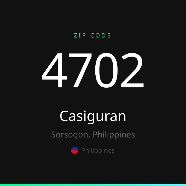 Shareable ZIP code 4702 card for Casiguran, dark theme