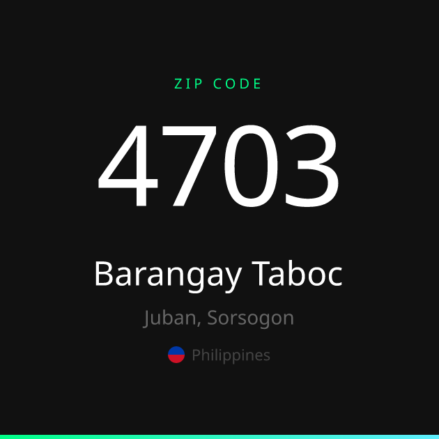 Shareable ZIP code 4703 card for Barangay Taboc, dark theme