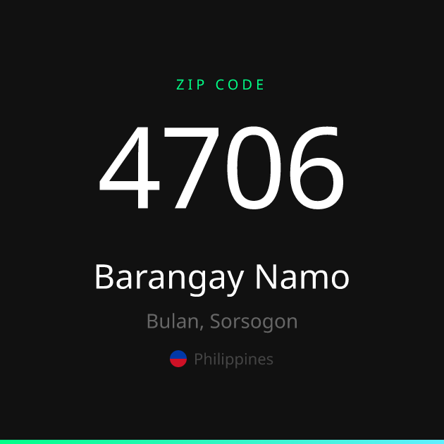 Shareable ZIP code 4706 card for Barangay Namo, dark theme