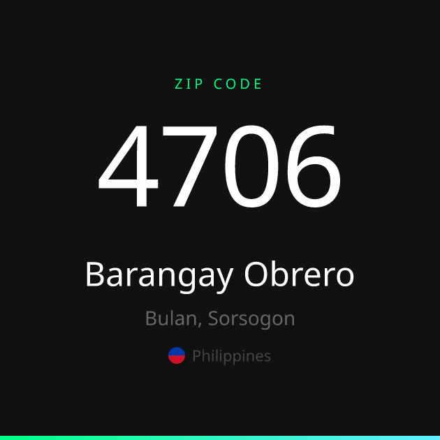 Shareable ZIP code 4706 card for Barangay Obrero, dark theme