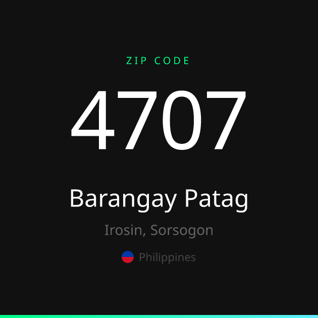 Shareable ZIP code 4707 card for Barangay Patag, dark theme