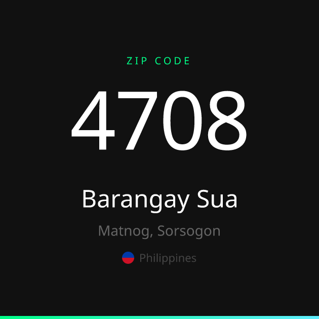 Shareable ZIP code 4708 card for Barangay Sua, dark theme