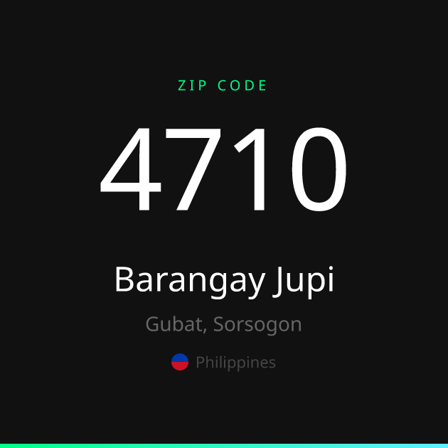 Shareable ZIP code 4710 card for Barangay Jupi, dark theme