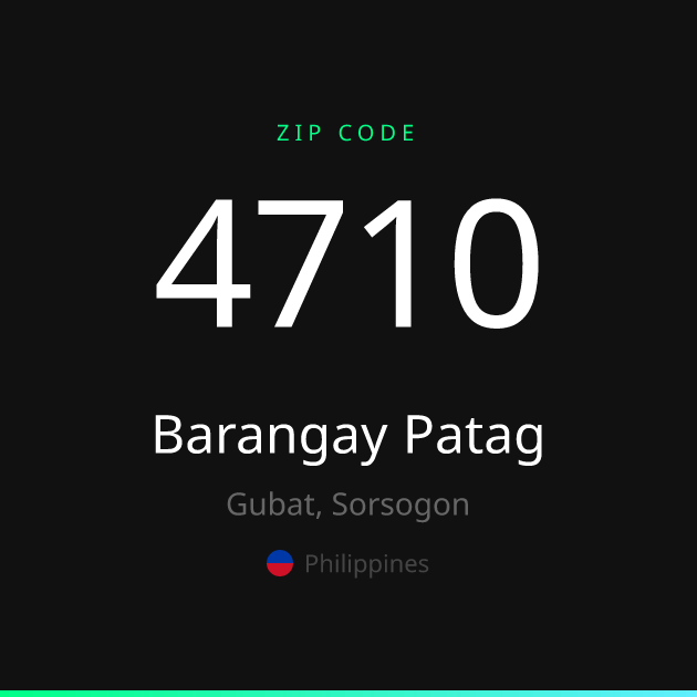 Shareable ZIP code 4710 card for Barangay Patag, dark theme