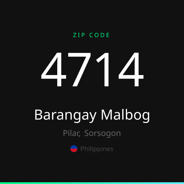 Shareable ZIP code 4714 card for Barangay Malbog, dark theme