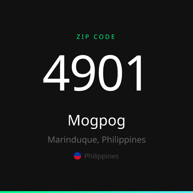 Shareable ZIP code 4901 card for Mogpog, dark theme