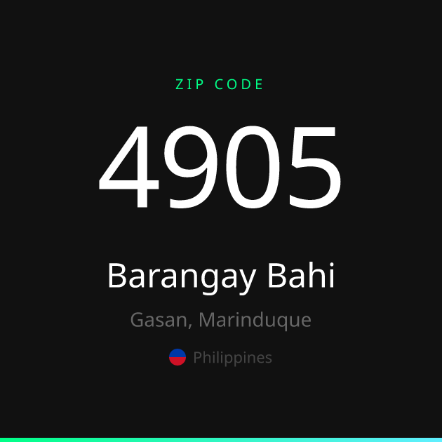 Shareable ZIP code 4905 card for Barangay Bahi, dark theme