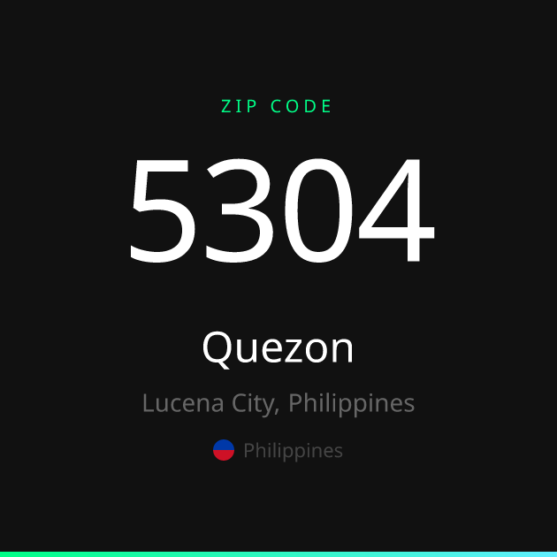 Shareable ZIP code 5304 card for Quezon, dark theme