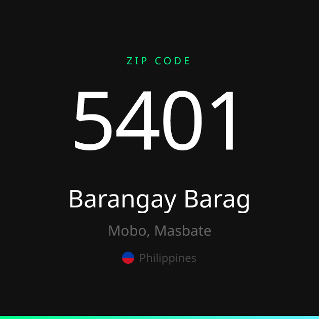 Shareable ZIP code 5401 card for Barangay Barag, dark theme