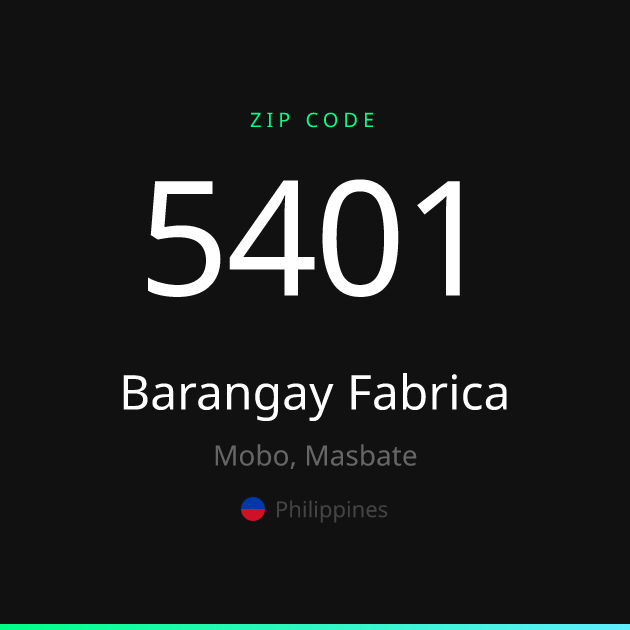 Shareable ZIP code 5401 card for Barangay Fabrica, dark theme