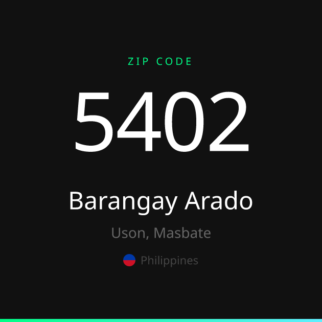 Shareable ZIP code 5402 card for Barangay Arado, dark theme