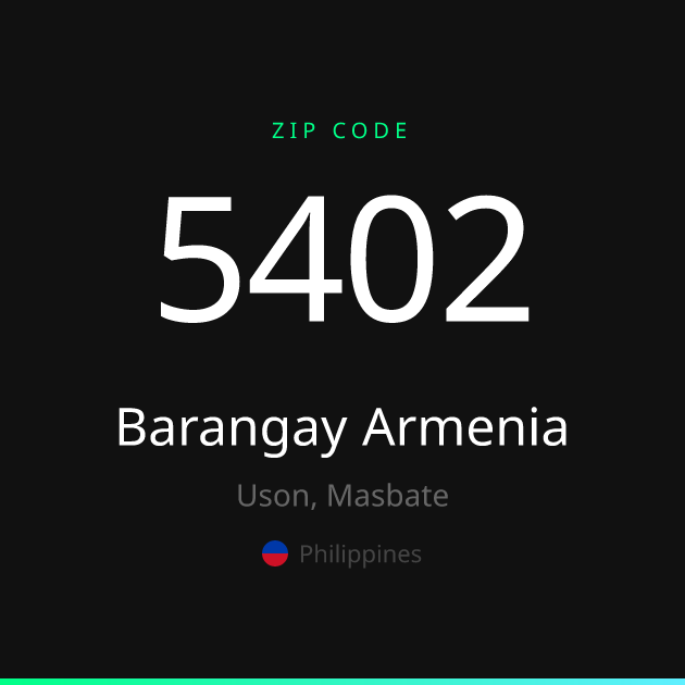Shareable ZIP code 5402 card for Barangay Armenia, dark theme
