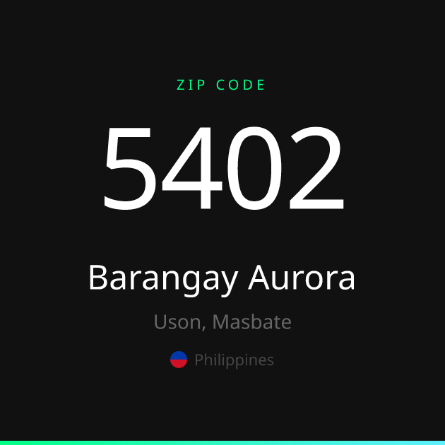 Shareable ZIP code 5402 card for Barangay Aurora, dark theme