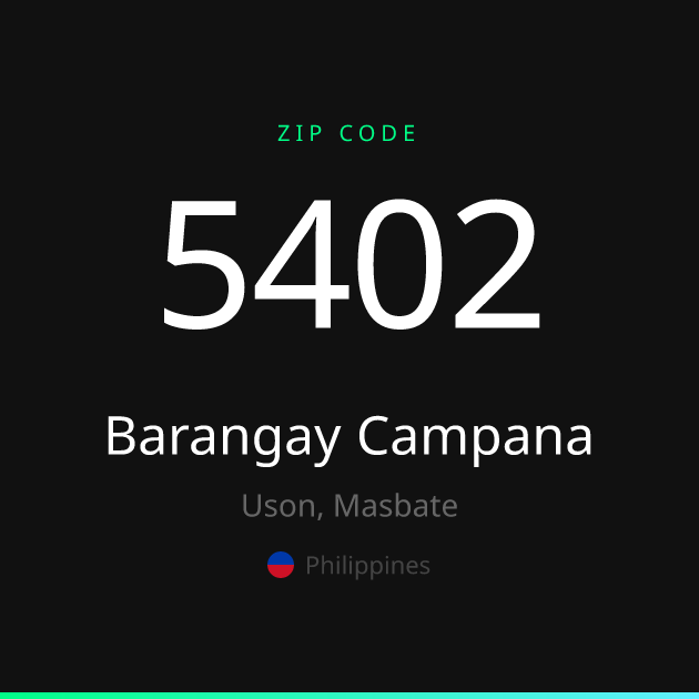 Shareable ZIP code 5402 card for Barangay Campana, dark theme