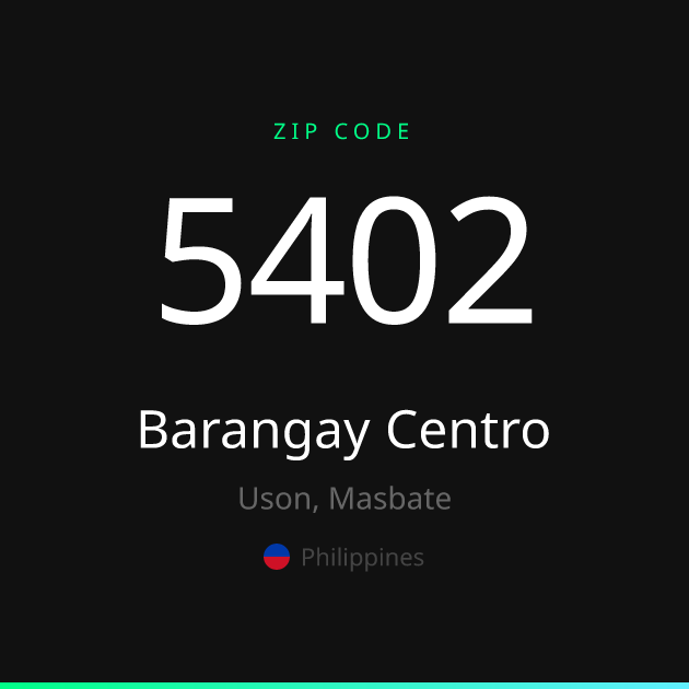 Shareable ZIP code 5402 card for Barangay Centro, dark theme