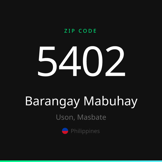 Shareable ZIP code 5402 card for Barangay Mabuhay, dark theme