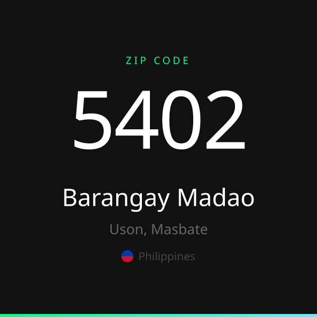 Shareable ZIP code 5402 card for Barangay Madao, dark theme
