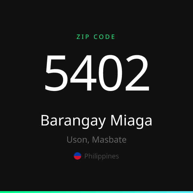 Shareable ZIP code 5402 card for Barangay Miaga, dark theme
