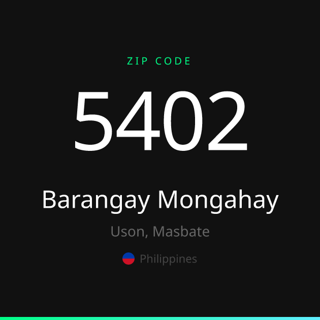 Shareable ZIP code 5402 card for Barangay Mongahay, dark theme