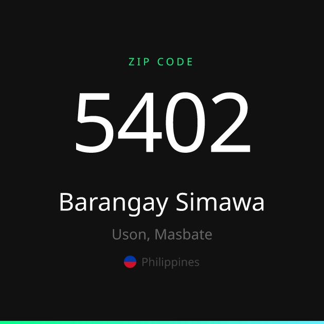 Shareable ZIP code 5402 card for Barangay Simawa, dark theme