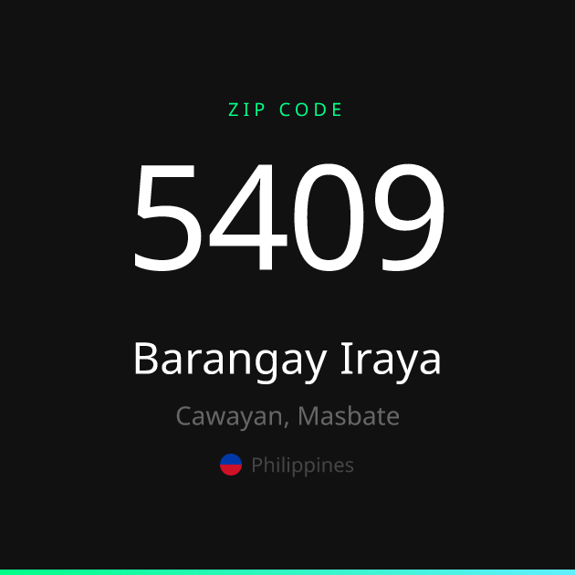 Shareable ZIP code 5409 card for Barangay Iraya, dark theme