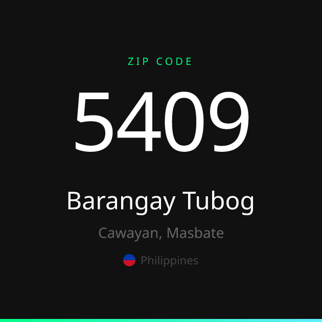 Shareable ZIP code 5409 card for Barangay Tubog, dark theme
