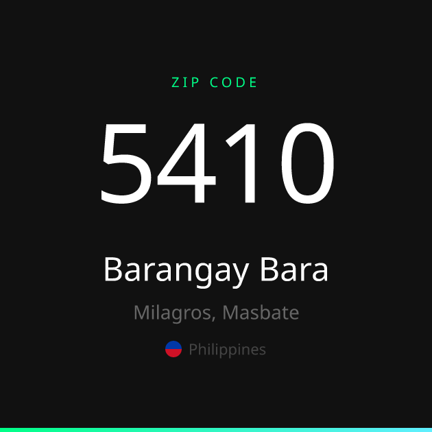 Shareable ZIP code 5410 card for Barangay Bara, dark theme