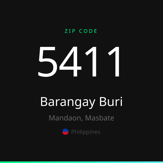 Shareable ZIP code 5411 card for Barangay Buri, dark theme