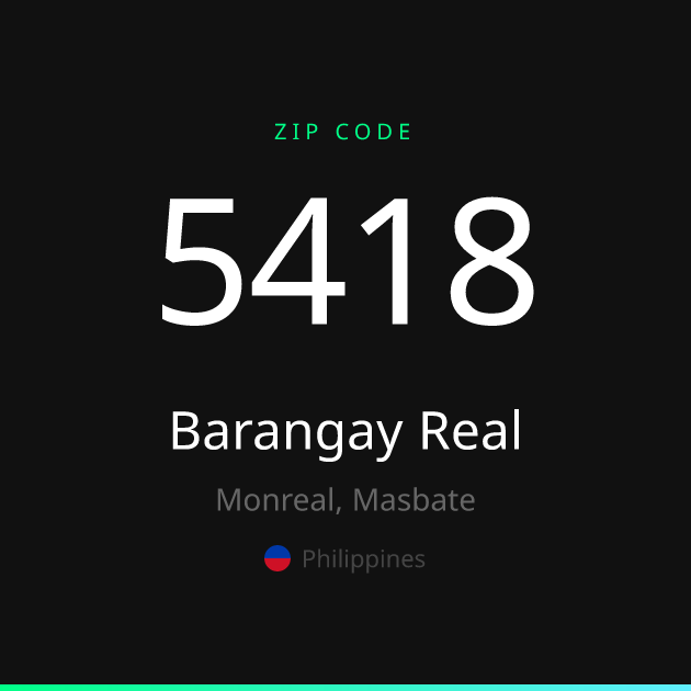 Shareable ZIP code 5418 card for Barangay Real, dark theme