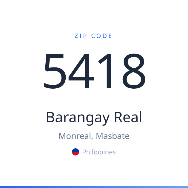Shareable ZIP code 5418 card for Barangay Real, light theme