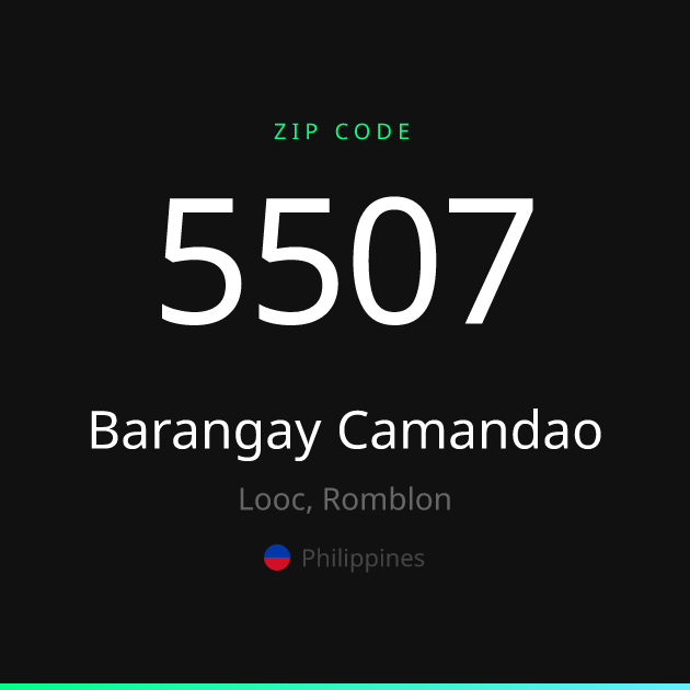 Shareable ZIP code 5507 card for Barangay Camandao, dark theme
