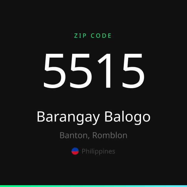 Shareable ZIP code 5515 card for Barangay Balogo, dark theme