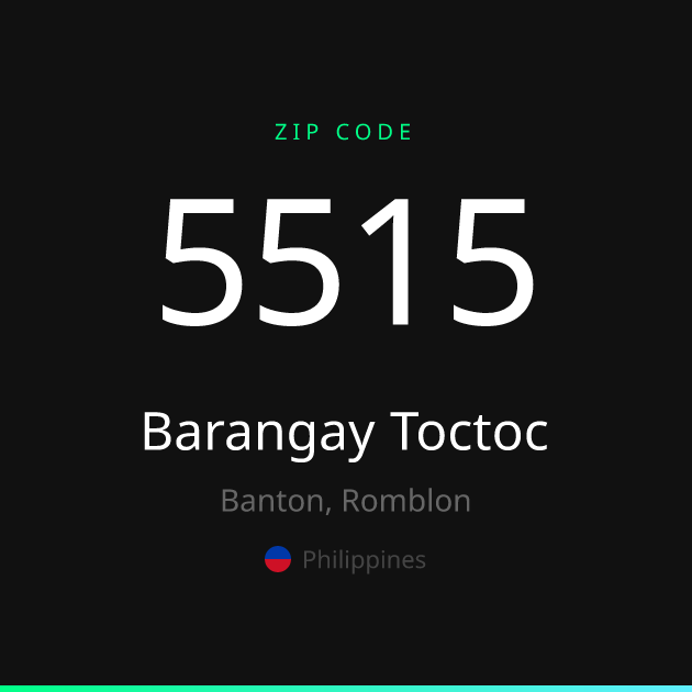 Shareable ZIP code 5515 card for Barangay Toctoc, dark theme