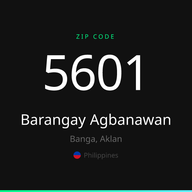 Shareable ZIP code 5601 card for Barangay Agbanawan, dark theme