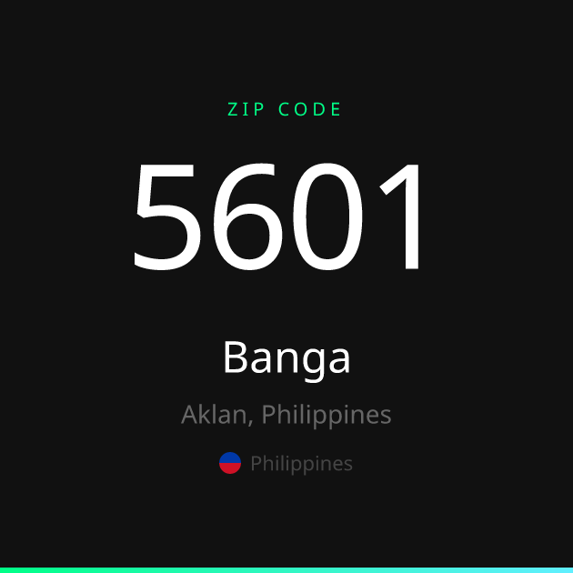 Shareable ZIP code 5601 card for Banga, dark theme
