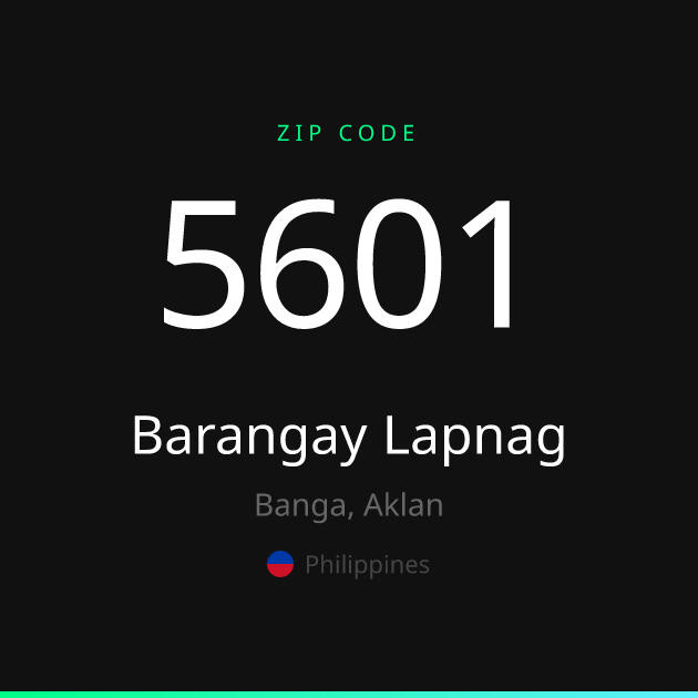 Shareable ZIP code 5601 card for Barangay Lapnag, dark theme