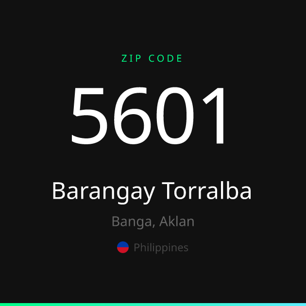 Shareable ZIP code 5601 card for Barangay Torralba, dark theme
