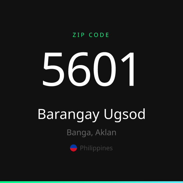 Shareable ZIP code 5601 card for Barangay Ugsod, dark theme