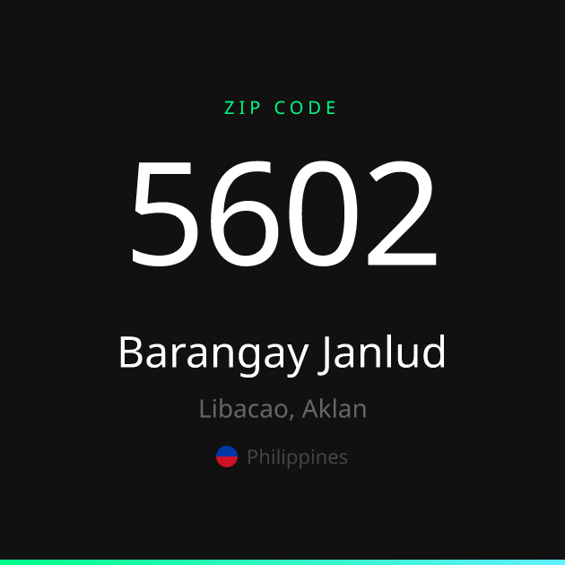 Shareable ZIP code 5602 card for Barangay Janlud, dark theme