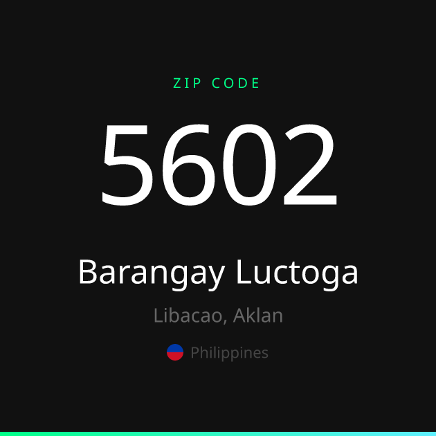Shareable ZIP code 5602 card for Barangay Luctoga, dark theme