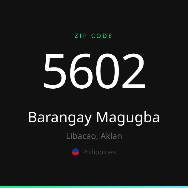 Shareable ZIP code 5602 card for Barangay Magugba, dark theme