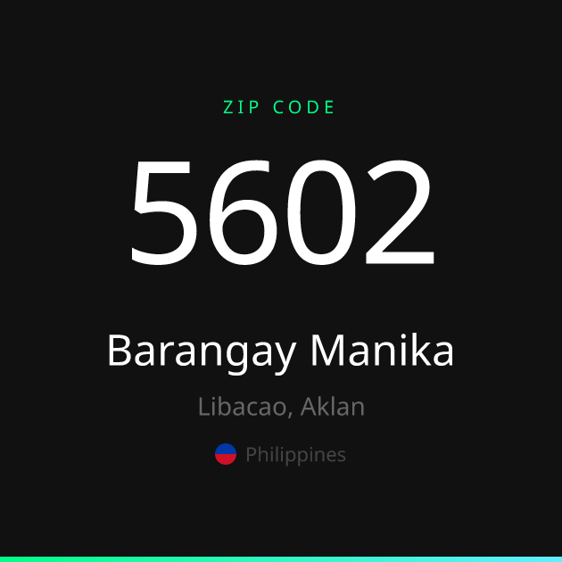 Shareable ZIP code 5602 card for Barangay Manika, dark theme