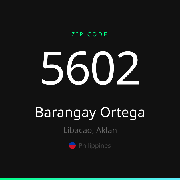 Shareable ZIP code 5602 card for Barangay Ortega, dark theme