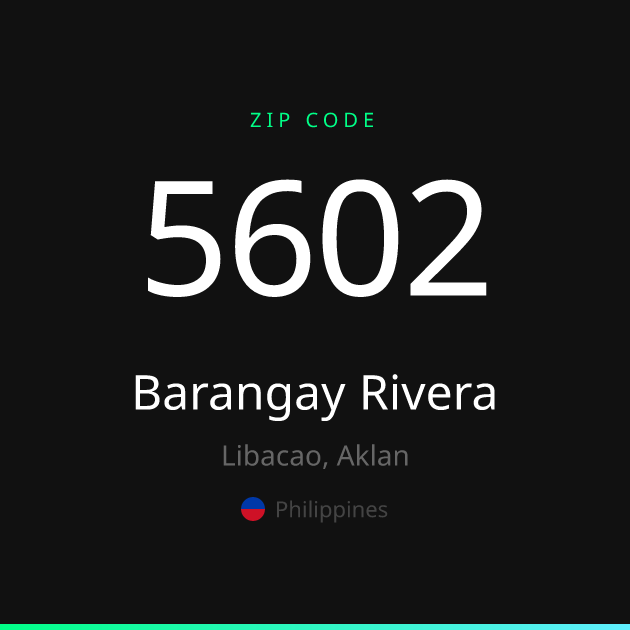 Shareable ZIP code 5602 card for Barangay Rivera, dark theme