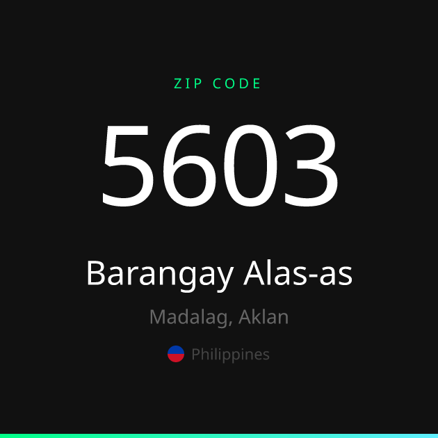 Shareable ZIP code 5603 card for Barangay Alas-as, dark theme
