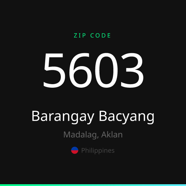 Shareable ZIP code 5603 card for Barangay Bacyang, dark theme