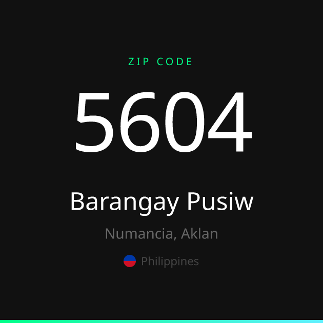 Shareable ZIP code 5604 card for Barangay Pusiw, dark theme