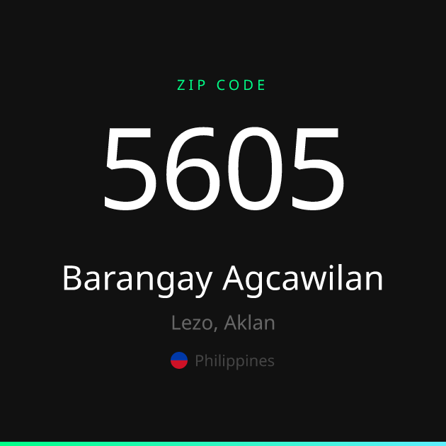 Shareable ZIP code 5605 card for Barangay Agcawilan, dark theme