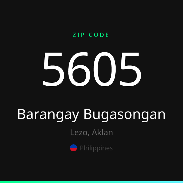 Shareable ZIP code 5605 card for Barangay Bugasongan, dark theme