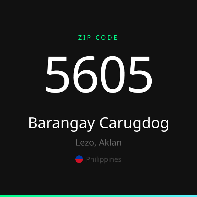 Shareable ZIP code 5605 card for Barangay Carugdog, dark theme